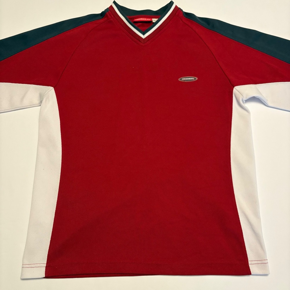 Unionbay Jersey Shirt Mens Medium Red White Navy V-Neck Colorblock Sporty 0489